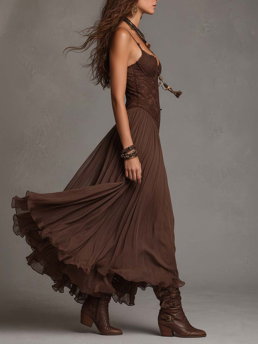 Ofelia | Abito lungo in chiffon e pizzo marrone dal fascino romantico boho