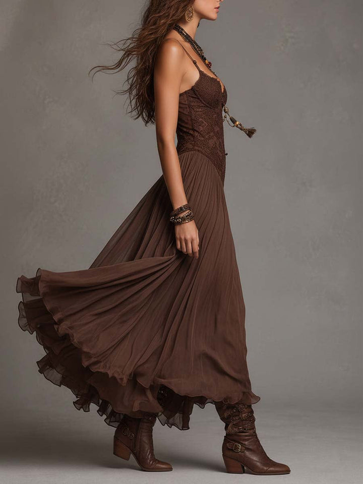 Ofelia | Abito lungo in chiffon e pizzo marrone dal fascino romantico boho