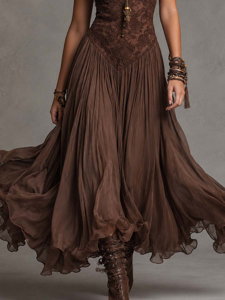 Ofelia | Abito lungo in chiffon e pizzo marrone dal fascino romantico boho