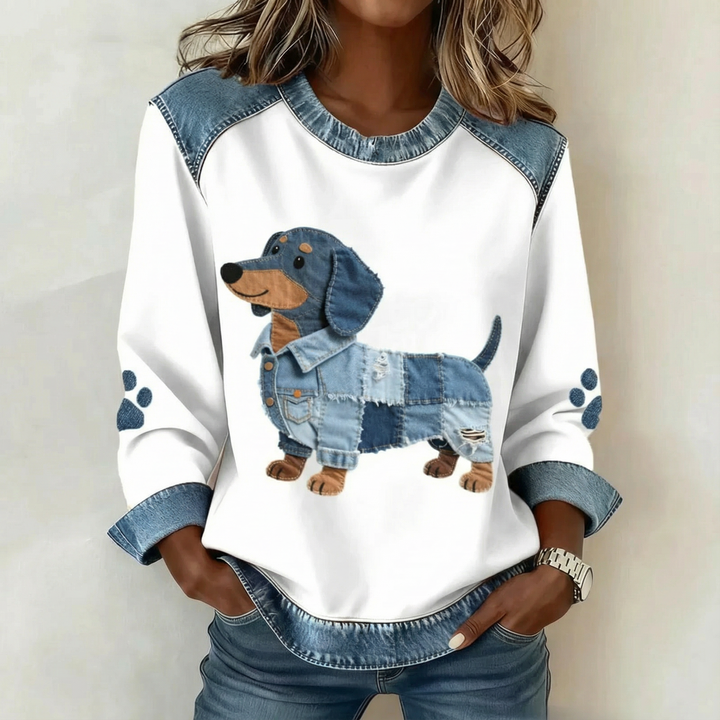 Trinity™ | Denim Accent Dog Print Top - Maison Léa &amp; Lou