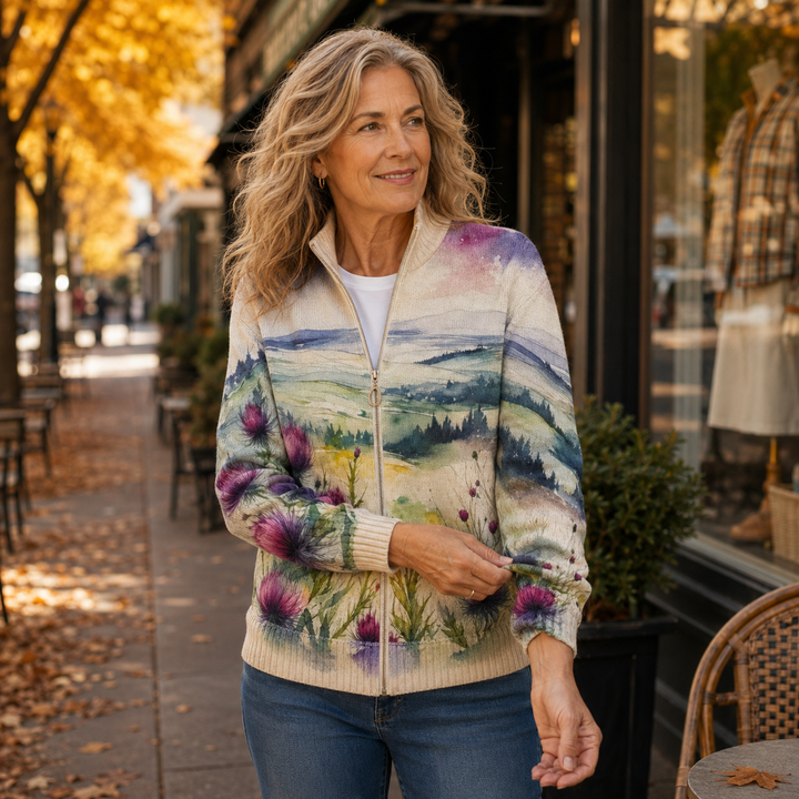 Zelda™ | Scottish Thistle Landscape Zip Cardigan - Maison Léa &amp; Lou