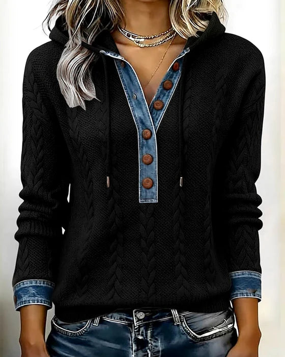Sophie™ | Knit Hoodie with Denim Contrast - Maison Léa &amp; Lou
