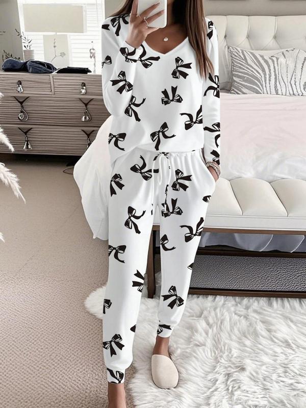 HALLIE™ - Bow Print V-Neck Long Sleeve Top &amp; Tie Waist Pants Set