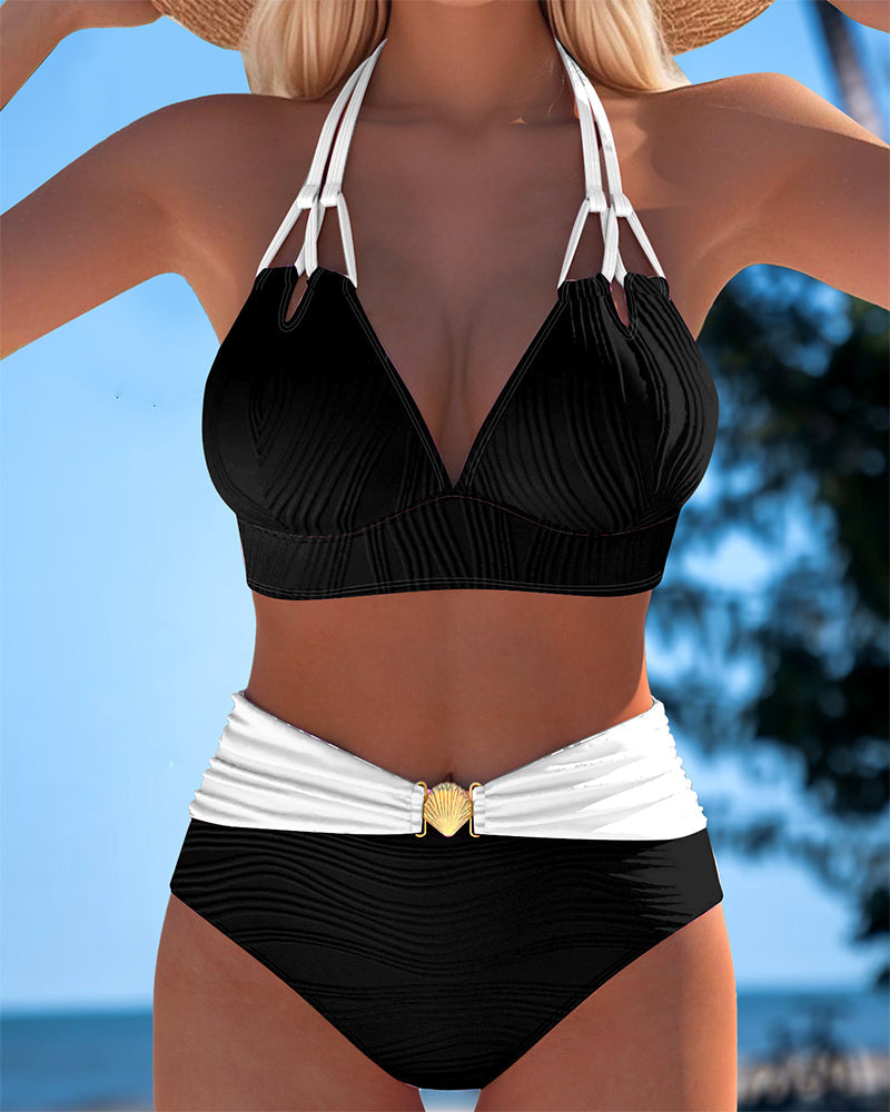 Lily™ | High Waisted Double Strap Swimsuit with Contrast Color - Maison Léa &amp; Lou