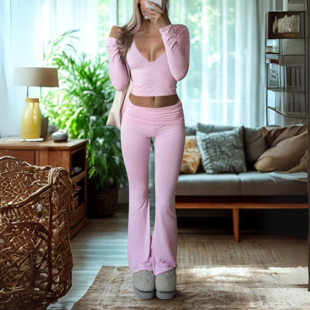 SINA™ - Casual V-Neck Long Sleeve Crop Top and Pants Set