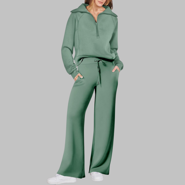 UDAY™ - Comfy Half Zip Sweatshirt and Wide Leg Pants Set - Maison Léa &amp; Lou