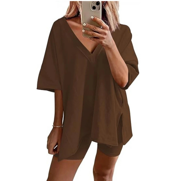 RAMLYN™ – Casual Oversized V-Neck and Short Set - Maison Léa &amp; Lou
