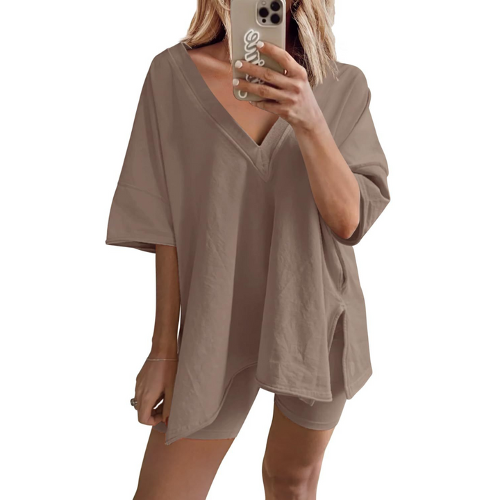 RAMLYN™ – Casual Oversized V-Neck and Short Set - Maison Léa &amp; Lou