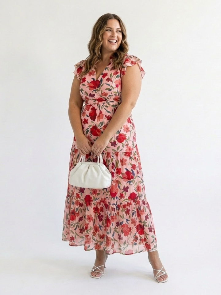 Lila | Floral V-Neck Tiered Midi Dress - Maison Léa &amp; Lou