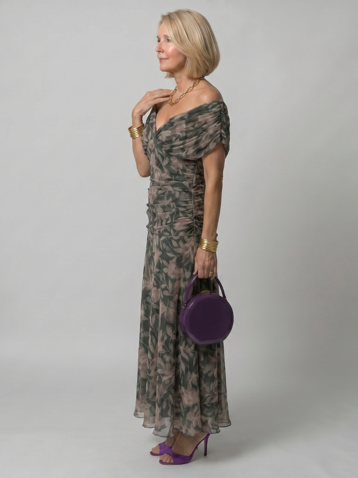 Adriana | Abito midi off-shoulder in chiffon floreale dal fascino romantico