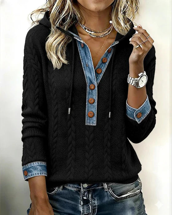 Sophie™ | Knit Hoodie with Denim Contrast - Maison Léa &amp; Lou