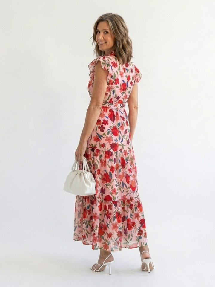 Lila | Floral V-Neck Tiered Midi Dress - Maison Léa &amp; Lou