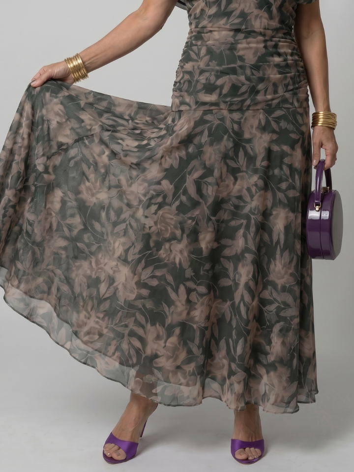 Adriana | Abito midi off-shoulder in chiffon floreale dal fascino romantico