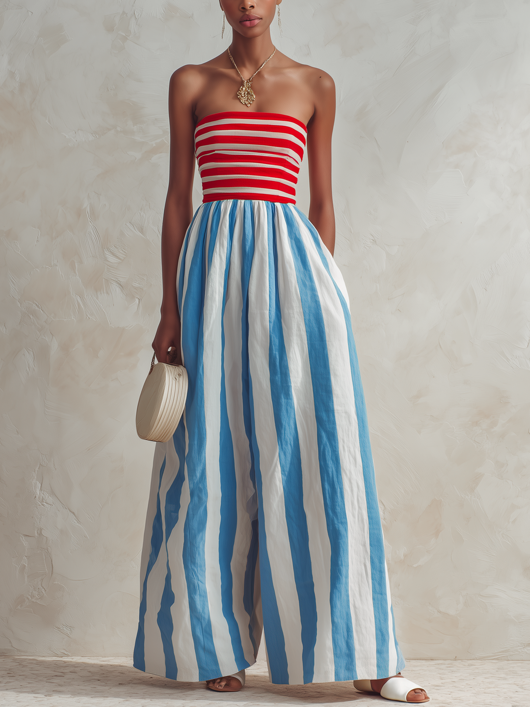 Romina | Completo a righe senza spalline con top fascia e pantaloni a gamba larga