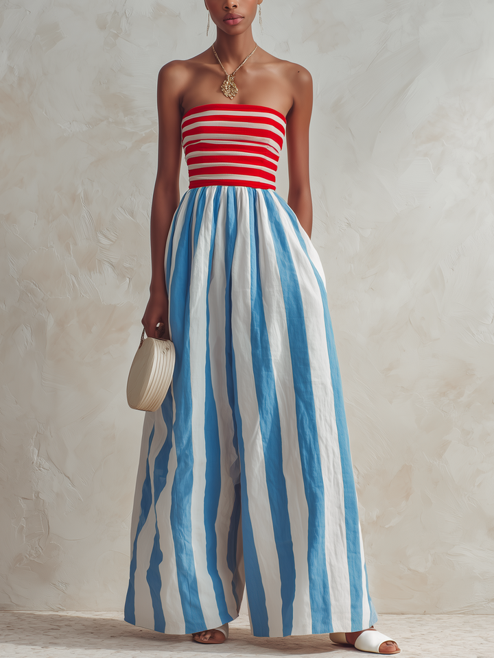 Romina | Completo a righe senza spalline con top fascia e pantaloni a gamba larga