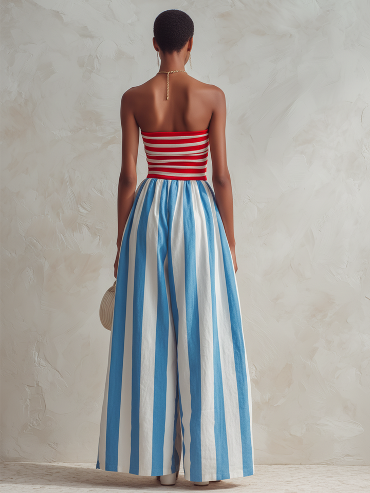 Romina | Completo a righe senza spalline con top fascia e pantaloni a gamba larga