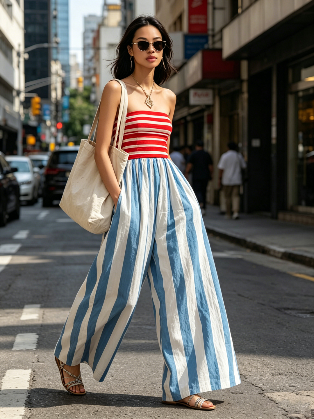 Romina | Completo a righe senza spalline con top fascia e pantaloni a gamba larga