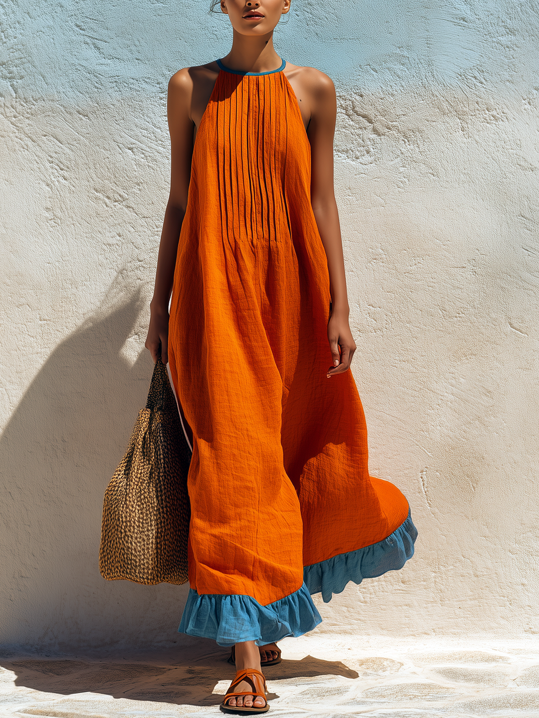 Fiammetta | Abito maxi halter arancio con plissé e balza azzurra