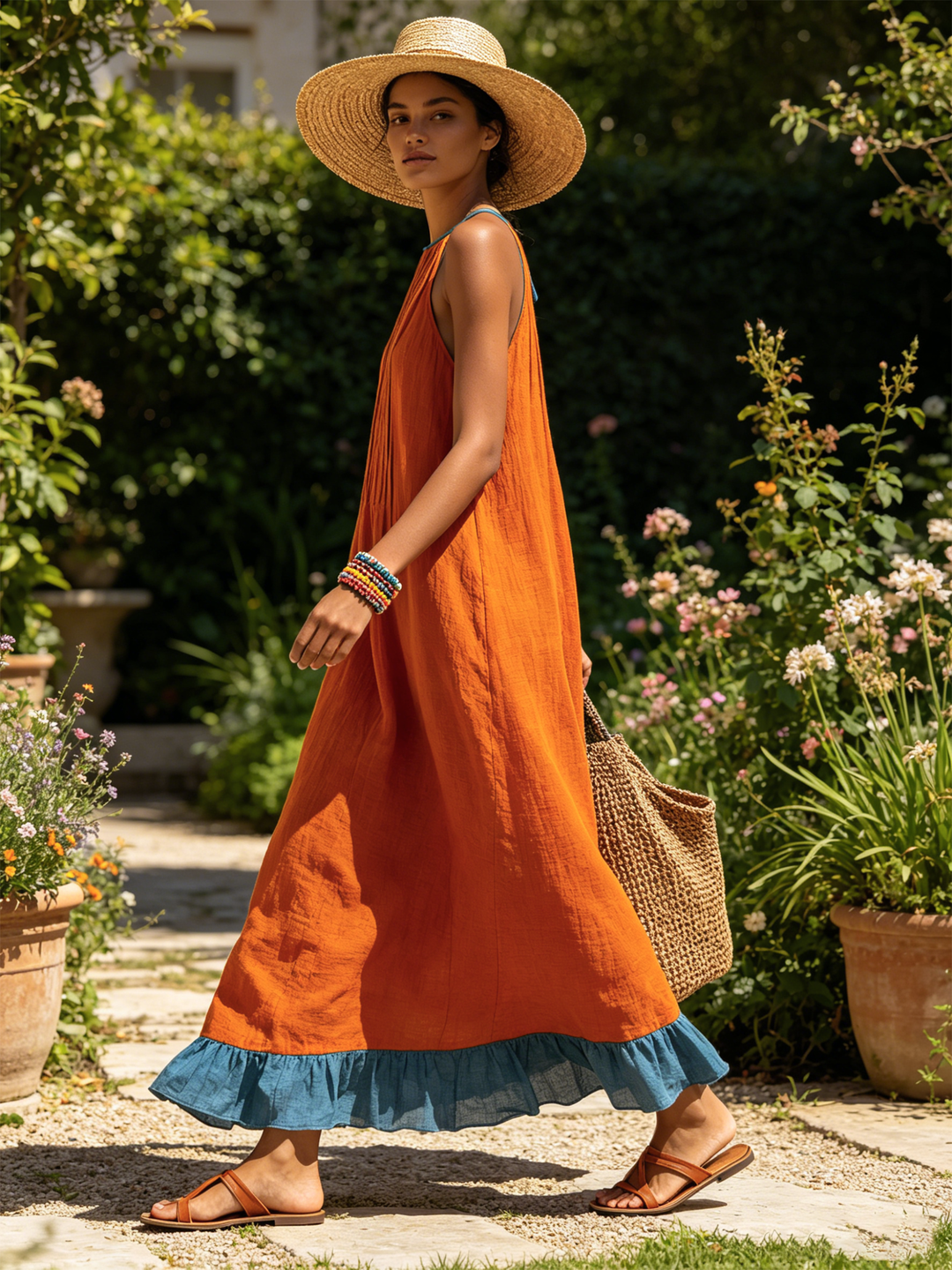 Fiammetta | Abito maxi halter arancio con plissé e balza azzurra