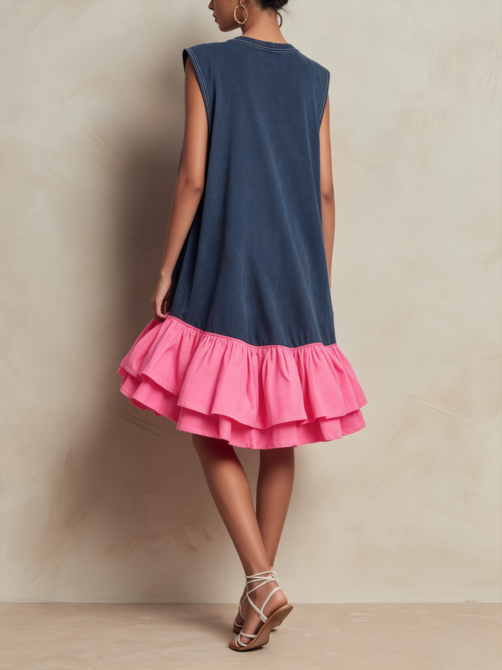 Noemi | Miniabito in felpa lavata blu navy con balze rosa shocking