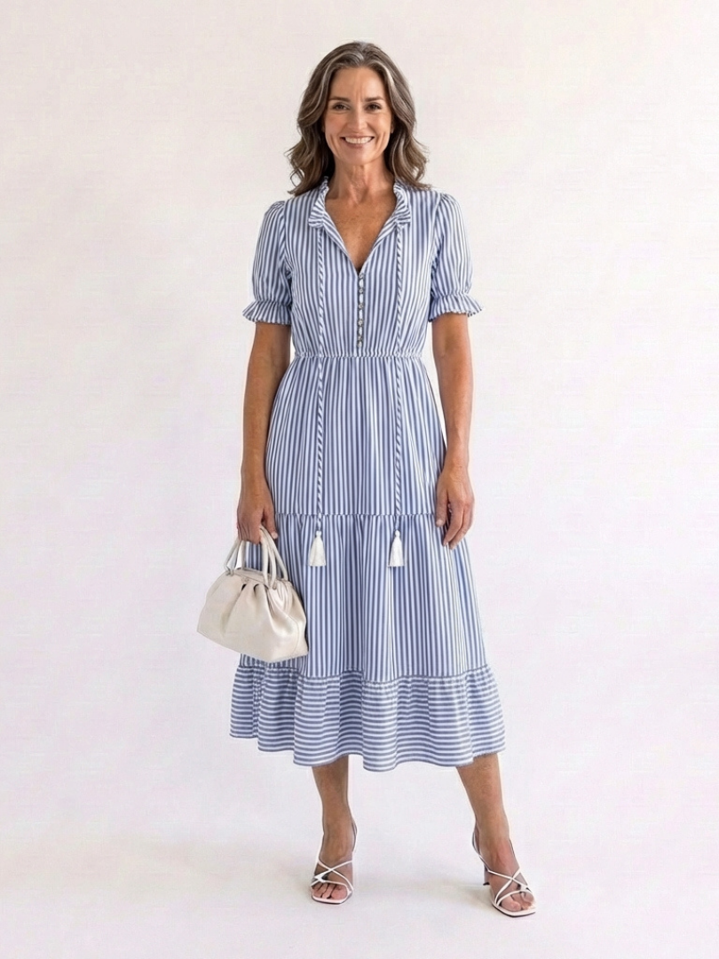 Dakota | Short Sleeve Striped Tiered Midi Dress - Maison Léa & Lou