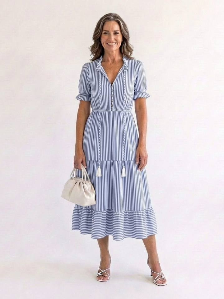 Dakota | Short Sleeve Striped Tiered Midi Dress - Maison Léa &amp; Lou