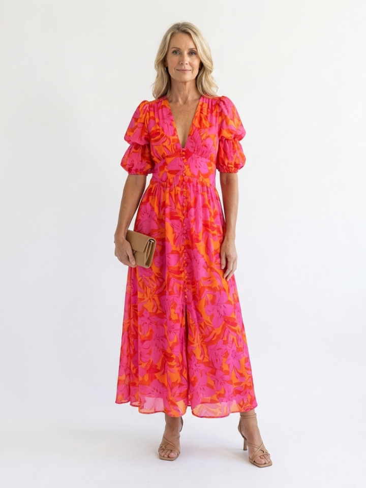 Willow | Floral V Neck Puff Sleeve Midi Dress - Maison Léa &amp; Lou