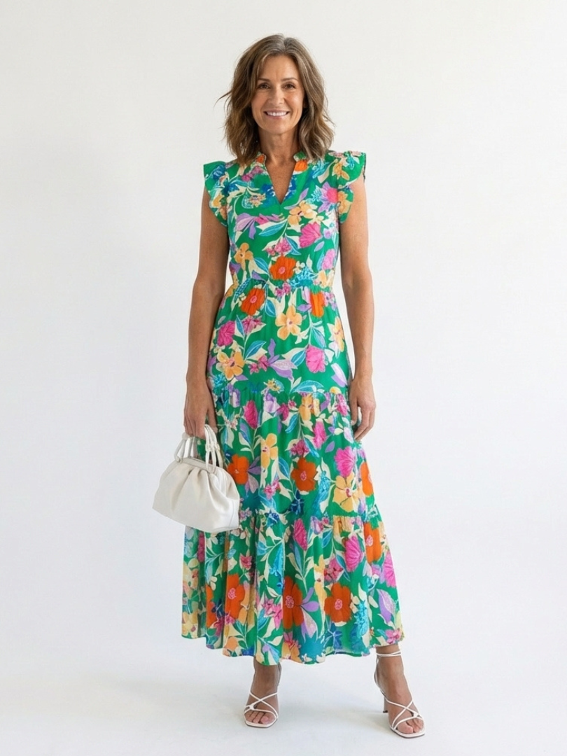 Lila | Floral V-Neck Tiered Midi Dress - Maison Léa & Lou