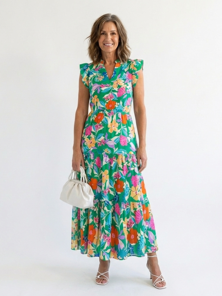 Lila | Floral V-Neck Tiered Midi Dress - Maison Léa &amp; Lou