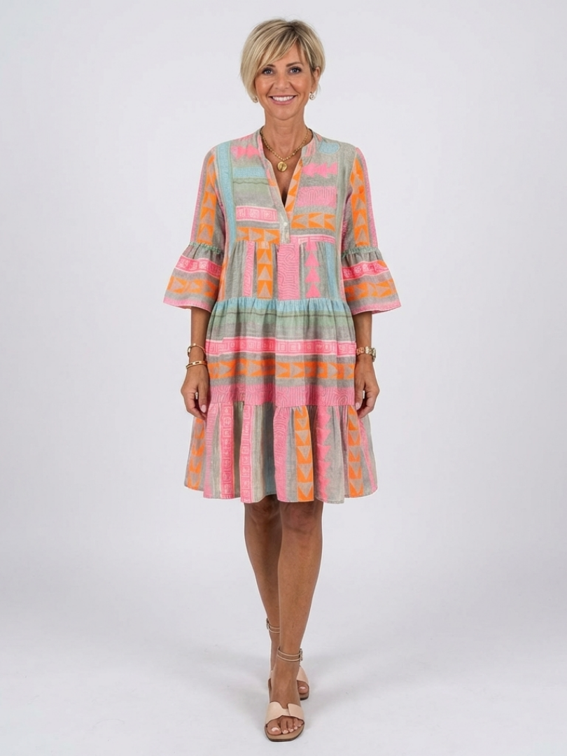 Maelle | Geometric Print V Neck Tiered Knee Length Dress - Maison Léa & Lou