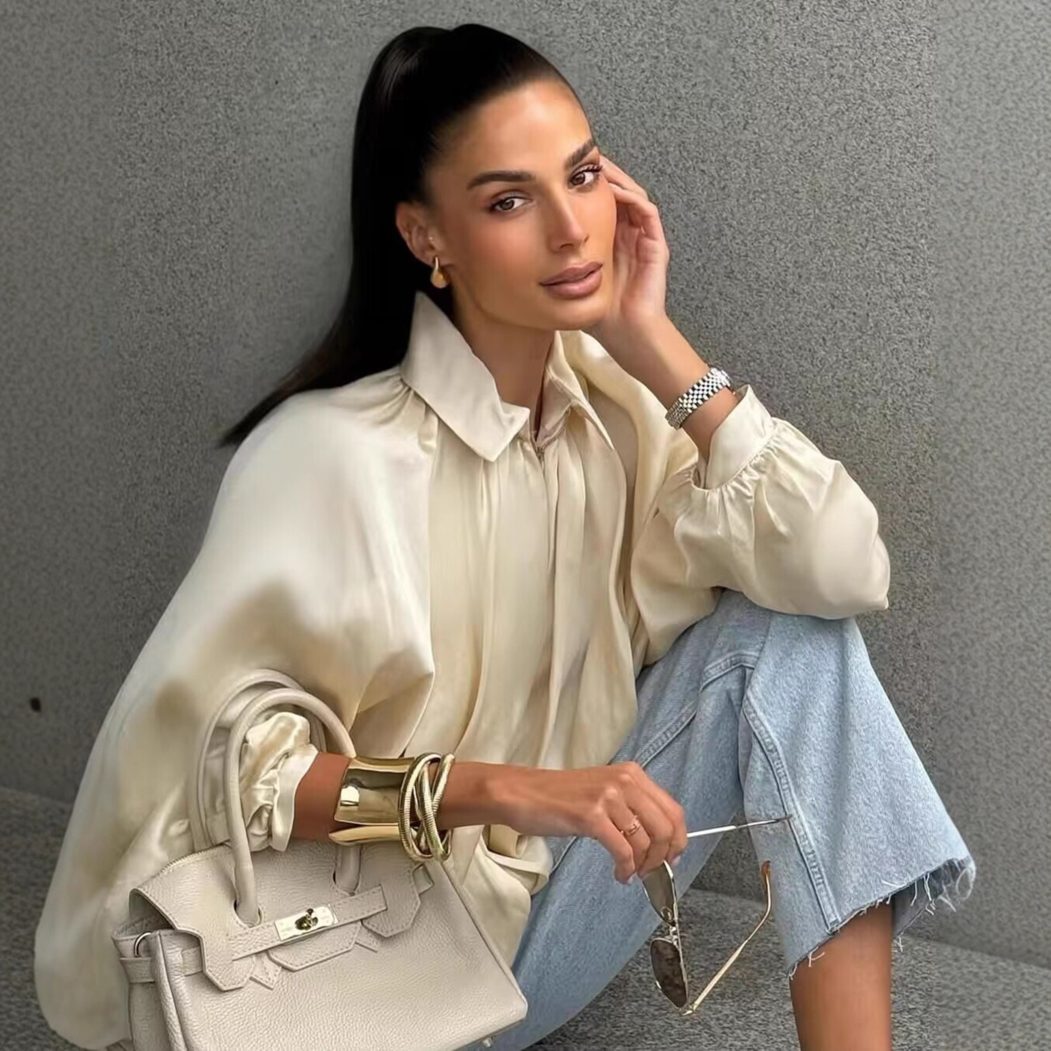 CHARLIZE™ - Vintage Oversized Puffed Batwing Sleeve Bomber Jacket - Maison Léa & Lou