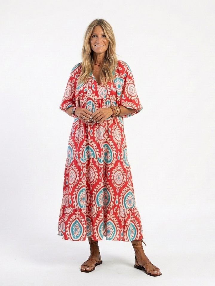 ZARIA | PAISLEY PRINT V NECK SHORT SLEEVE MIDI DRESS - Maison Léa &amp; Lou