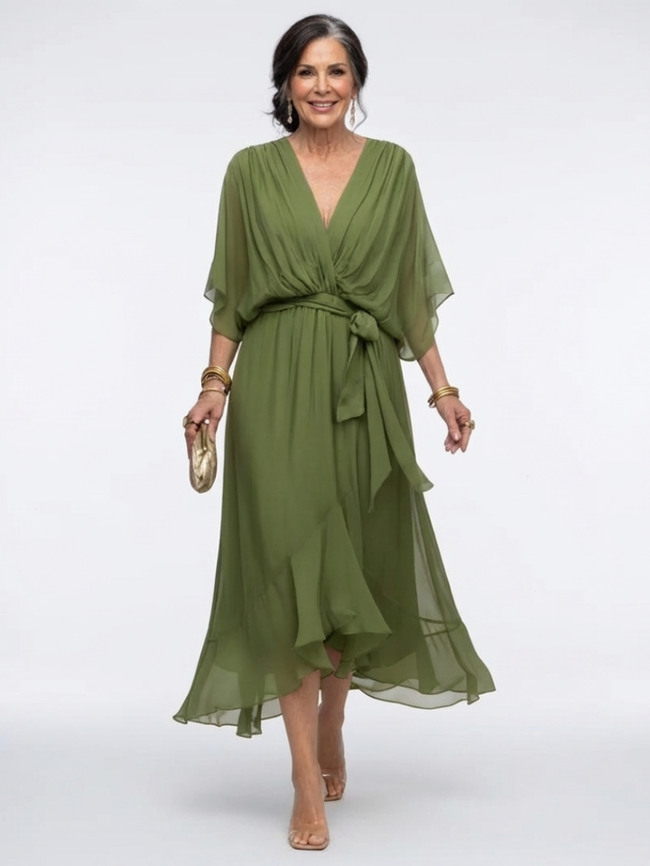 Elysia | V Neck Draped Waist Tie Midi Dress - Maison Léa &amp; Lou