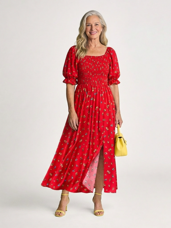 Delphine | Square Neck Floral Puff Sleeve Midi Dress - Maison Léa &amp; Lou