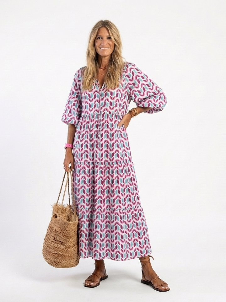 MIREYA | GEOMETRIC PRINT LONG SLEEVE TIERED MIDI DRESS - Maison Léa &amp; Lou