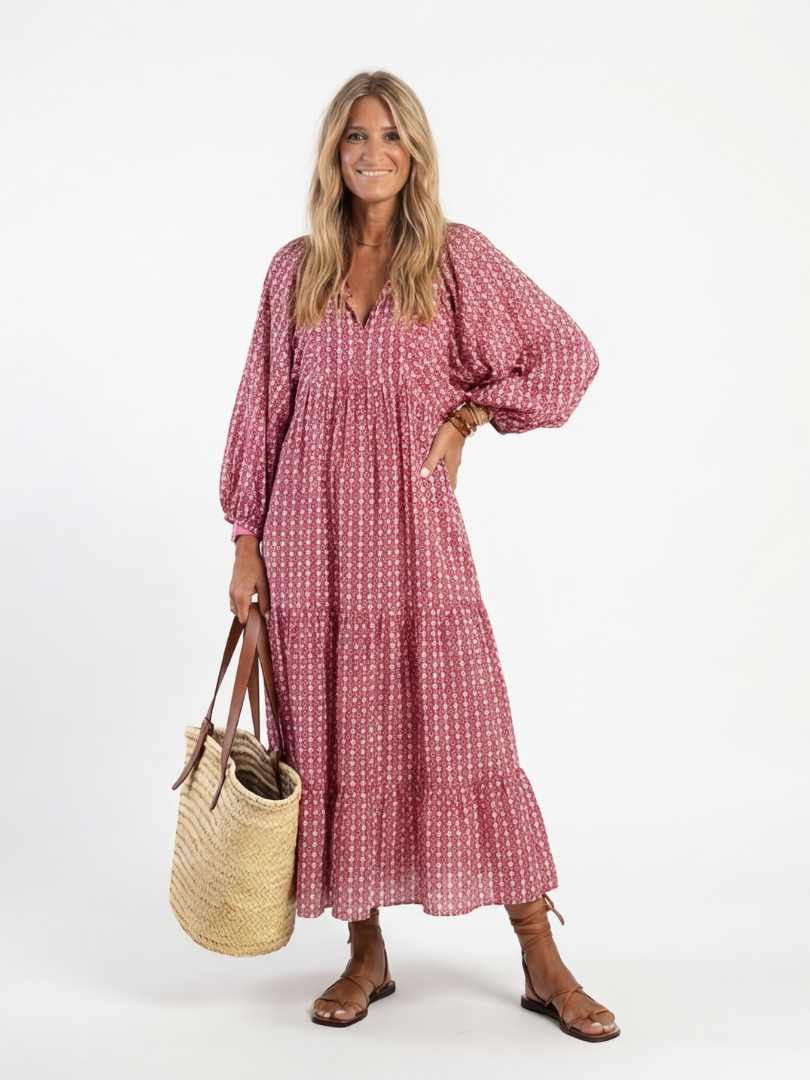 ARLETTE | GEOMETRIC PRINT LONG SLEEVE MIDI DRESS - Maison Léa & Lou