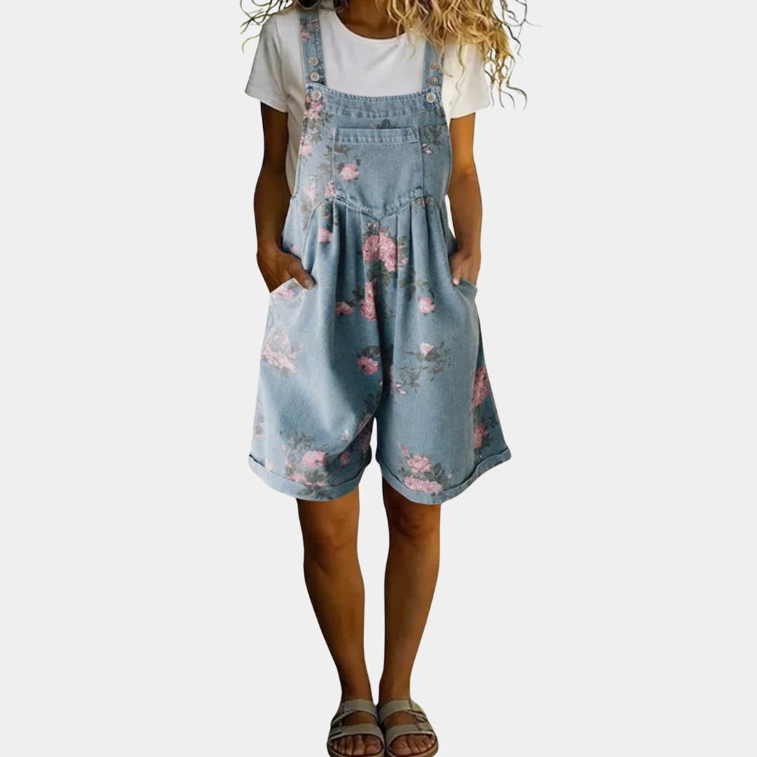 Judy | Vintage Washed Soft Cotton Feel Denim Floral Jumpsuit - Maison Léa &amp; Lou