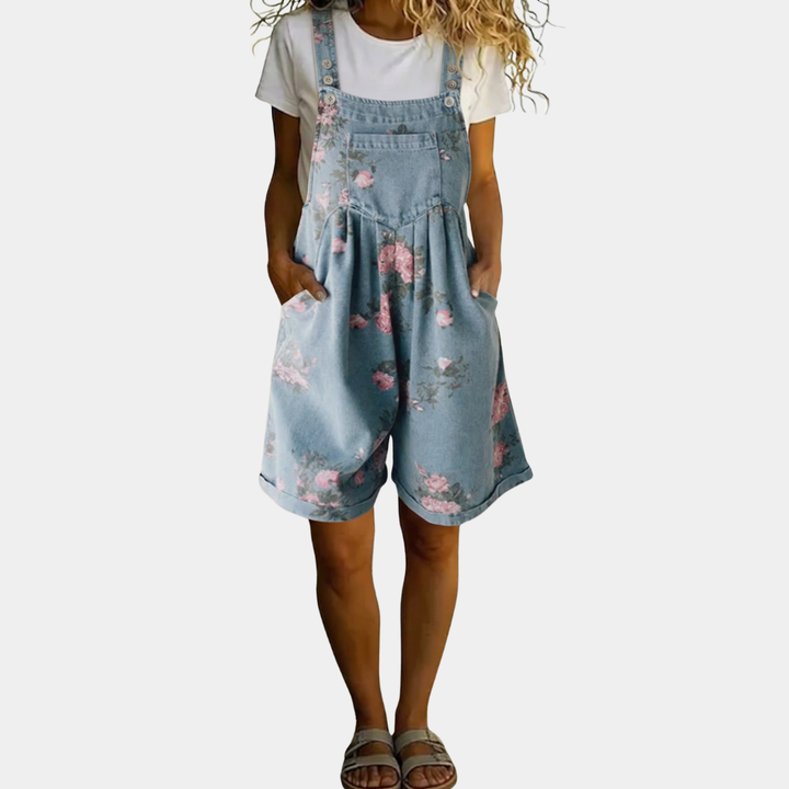 Judy | Vintage Washed Soft Cotton Feel Denim Floral Jumpsuit - Maison Léa &amp; Lou