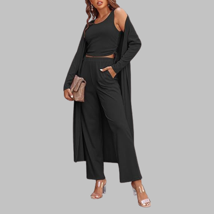 SANORA™ - Casual Lightweight Three Piece Long Cardigan Drawstring Top and Pants Sleepwear - Maison Léa &amp; Lou