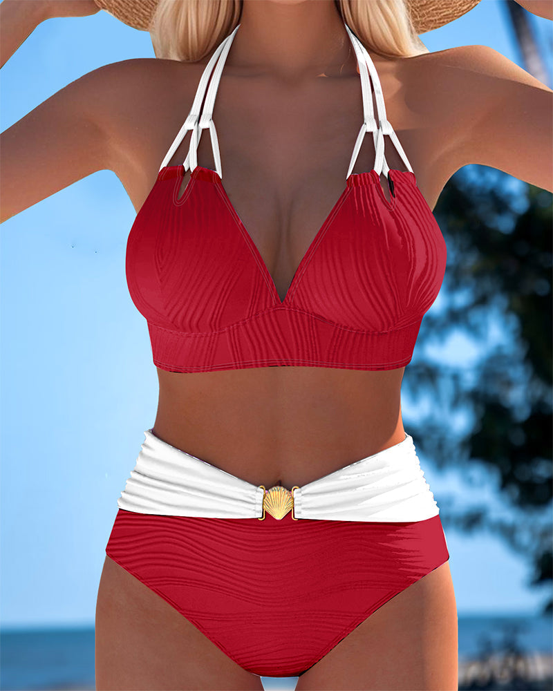 Lily™ | High Waisted Double Strap Swimsuit with Contrast Color - Maison Léa &amp; Lou