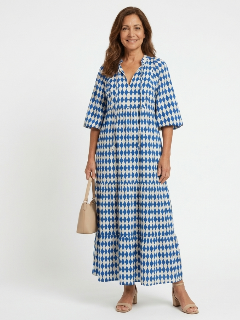 Elodie | Diamond Print Tiered Midi Dress - Maison Léa & Lou