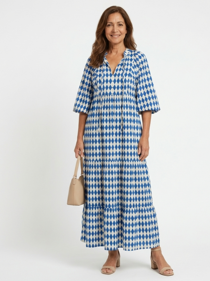 Elodie | Diamond Print Tiered Midi Dress - Maison Léa &amp; Lou