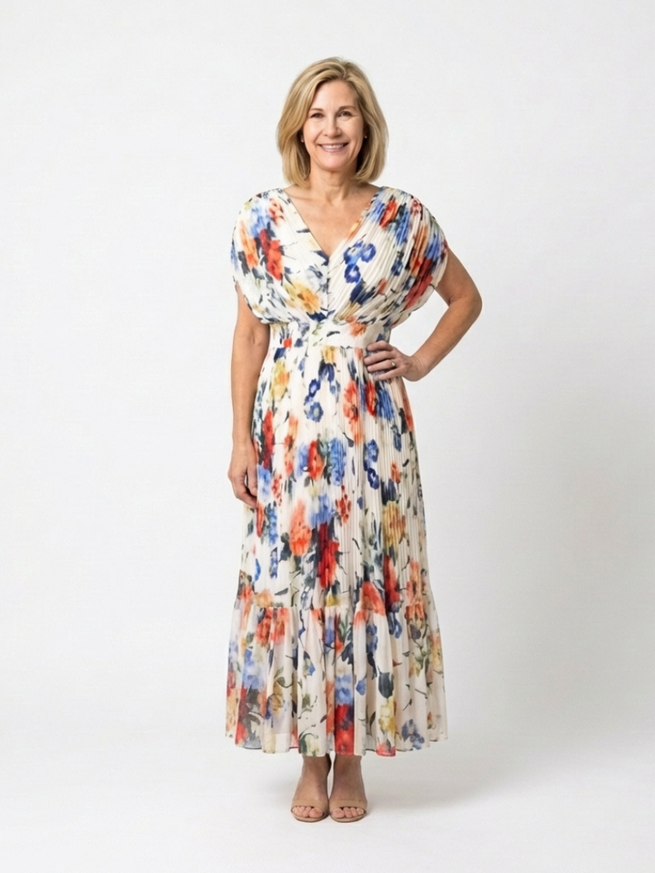 Savannah | Short Sleeve Pleated Floral Midi Dress - Maison Léa &amp; Lou