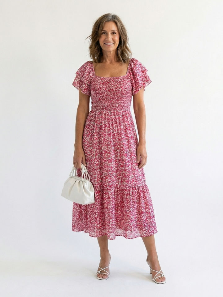 Odette | Off Shoulder Floral Smocked Midi Dress - Maison Léa &amp; Lou