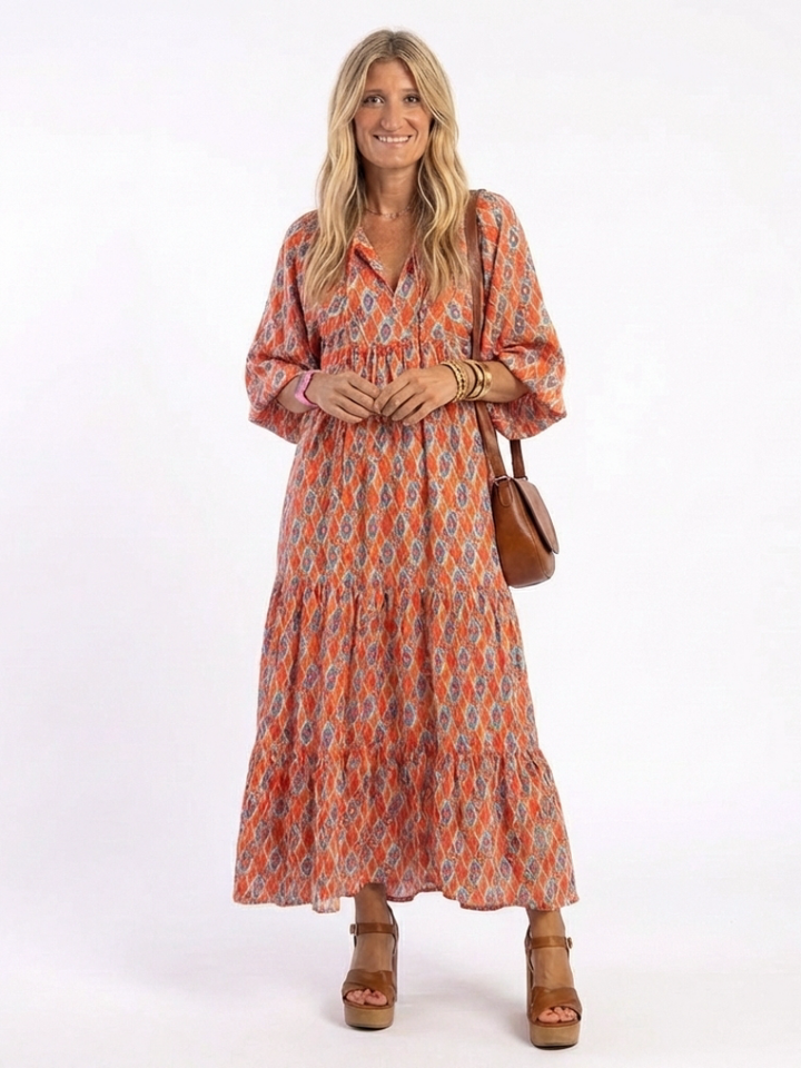 AMARA | GEOMETRIC PRINT V NECK TIERED MIDI DRESS - Maison Léa &amp; Lou