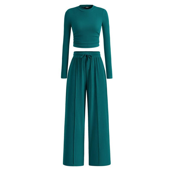MIRELA™ - Ribbed Knit Long Sleeve Crop Top and Matching Pants Set