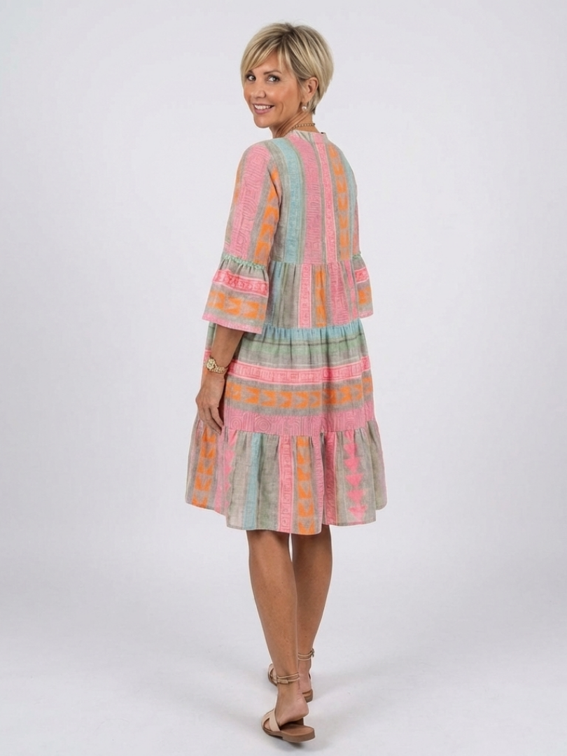 Maelle | Geometric Print V Neck Tiered Knee Length Dress - Maison Léa &amp; Lou
