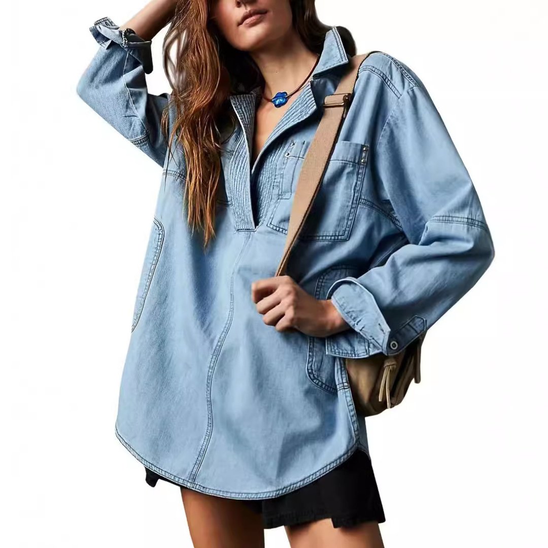 Nalinae™ | Chic V-Neck  Denim Tunic Top - Maison Léa & Lou