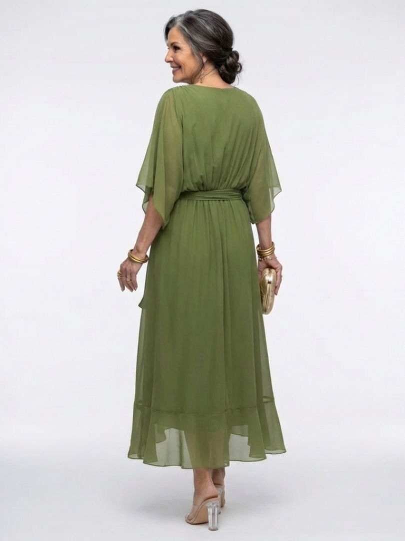 Elysia | V Neck Draped Waist Tie Midi Dress - Maison Léa &amp; Lou