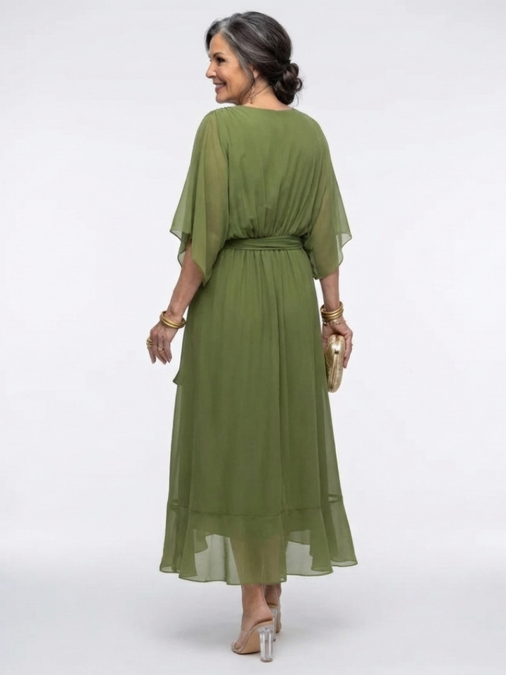 Elysia | V Neck Draped Waist Tie Midi Dress - Maison Léa &amp; Lou